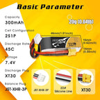 TATTU 4PCS 7.4V 300mAh 2S 45C LiPo Battery Pack with XT30 Plug for Emax Babyhawk Micro FPV Quad Racing Drone