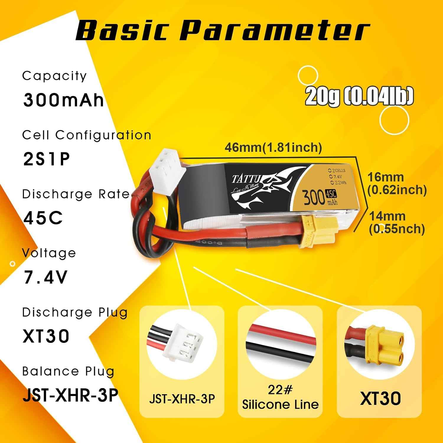 TATTU 4PCS 7.4V 300mAh 2S 45C LiPo Battery Pack with XT30 Plug for Emax Babyhawk Micro FPV Quad Racing Drone