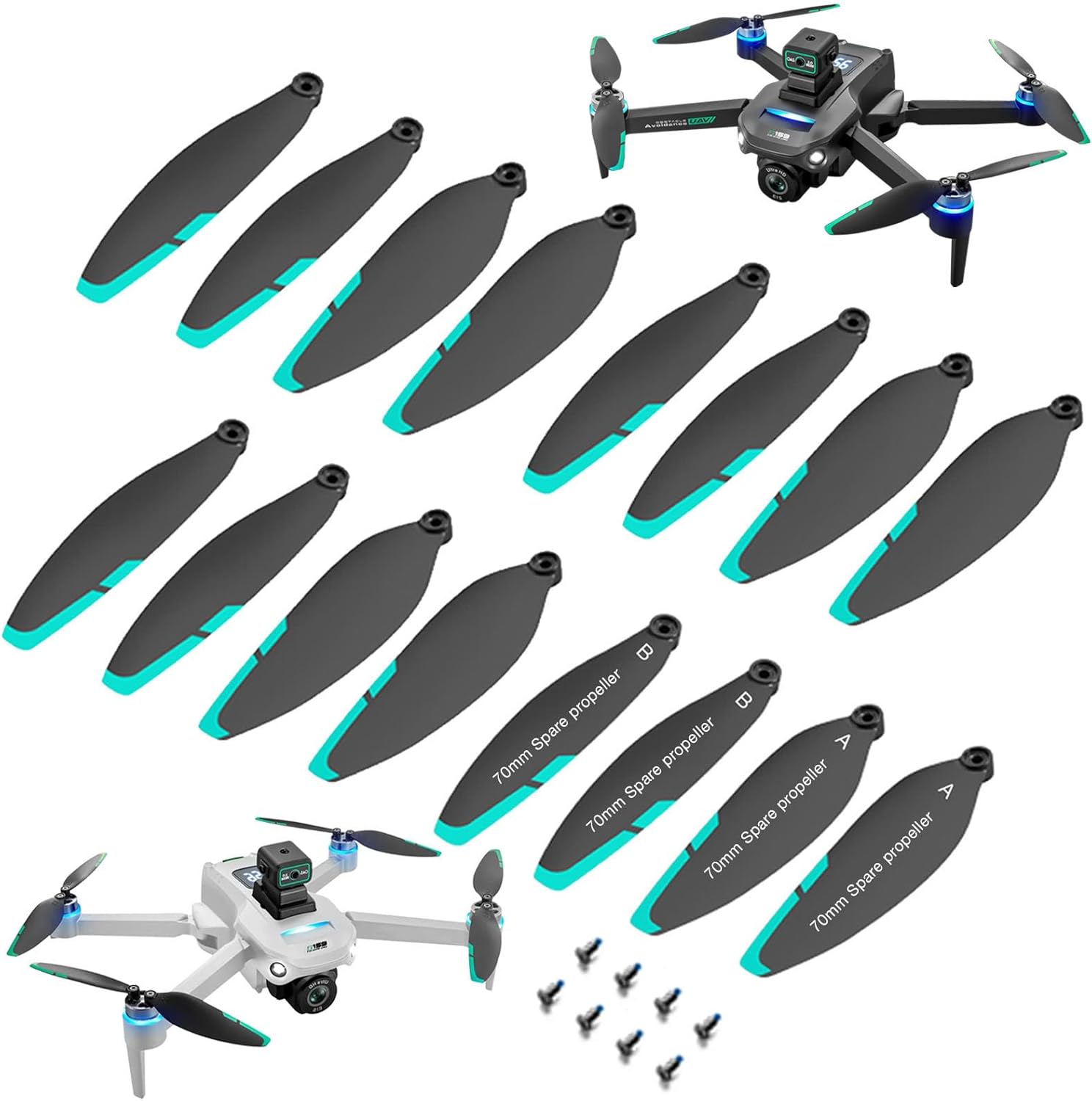 Drone Propeller Replacement Set, 16PC Blades with Screws for S159 Drone, Universal Drone Propellers 70mm Replacement Blades Compatible with Most Drones