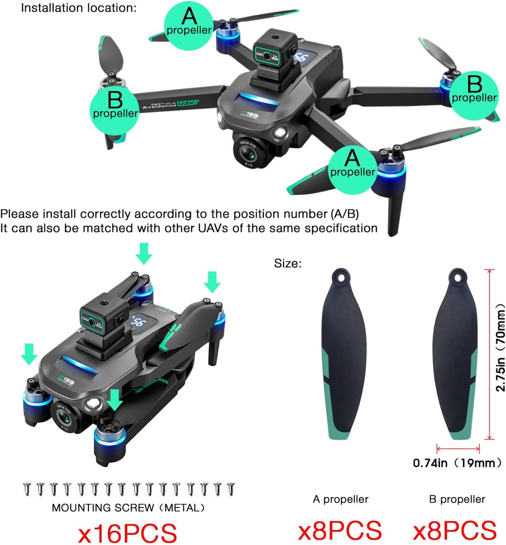 Drone Propeller Replacement Set, 16PC Blades with Screws for S159 Drone, Universal Drone Propellers 70mm Replacement Blades Compatible with Most Drones