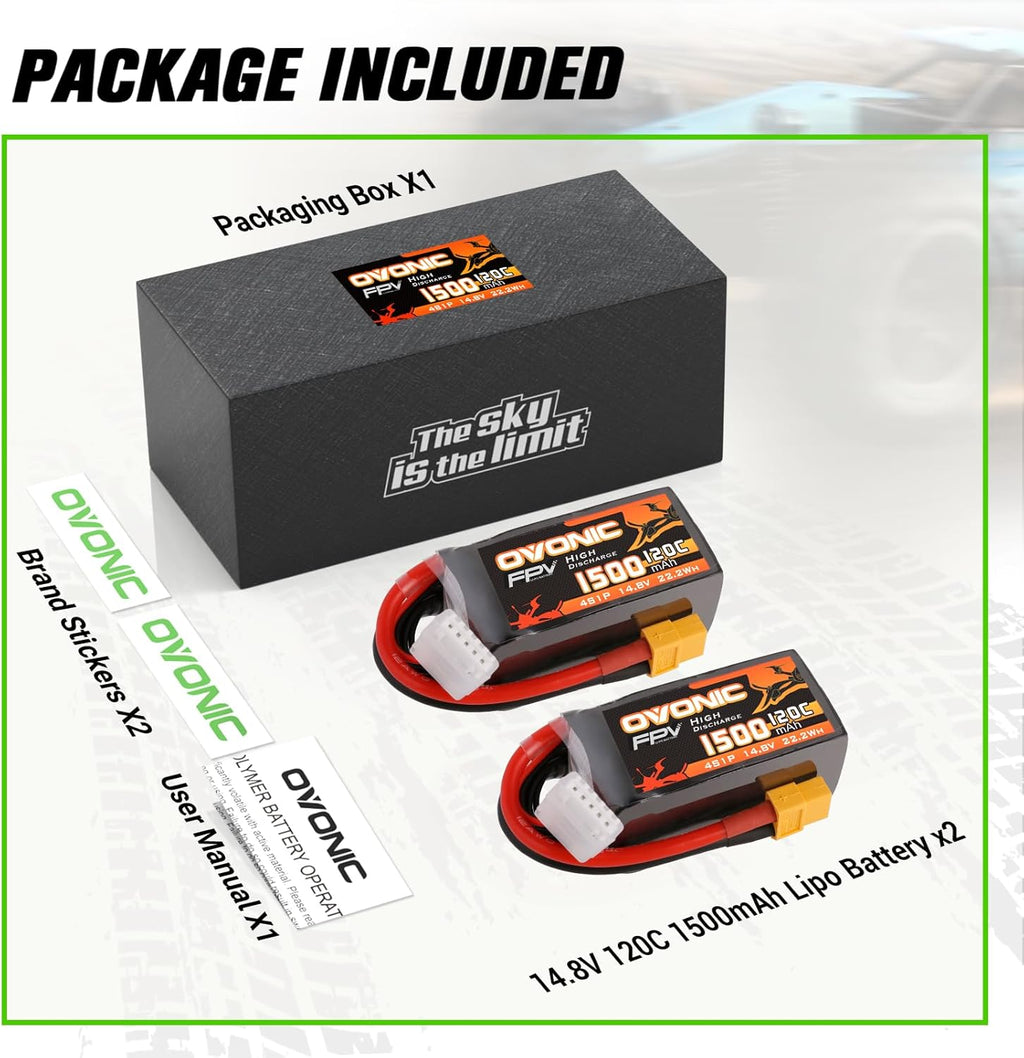OVONIC 14.8V 120C 1500mAh 4S Lipo Battery Battery with XT60 Plug for FPV Drone Quadcopter Helicopter Airplane RC Boat RC Car RC Models(2 Pack)