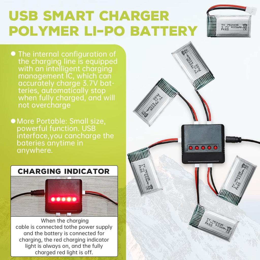 5PCS 3.7V 400mAh High Rate Lithium Battery with 5 in 1 Charger for Hubsan H107C H107L SYMA Q11 X11C HS170C F180C TOZO Q2020 E016H A120 XK A150 H31 TR-P51 TR-F22 AT-96 Four-Axis Aircraft¡­