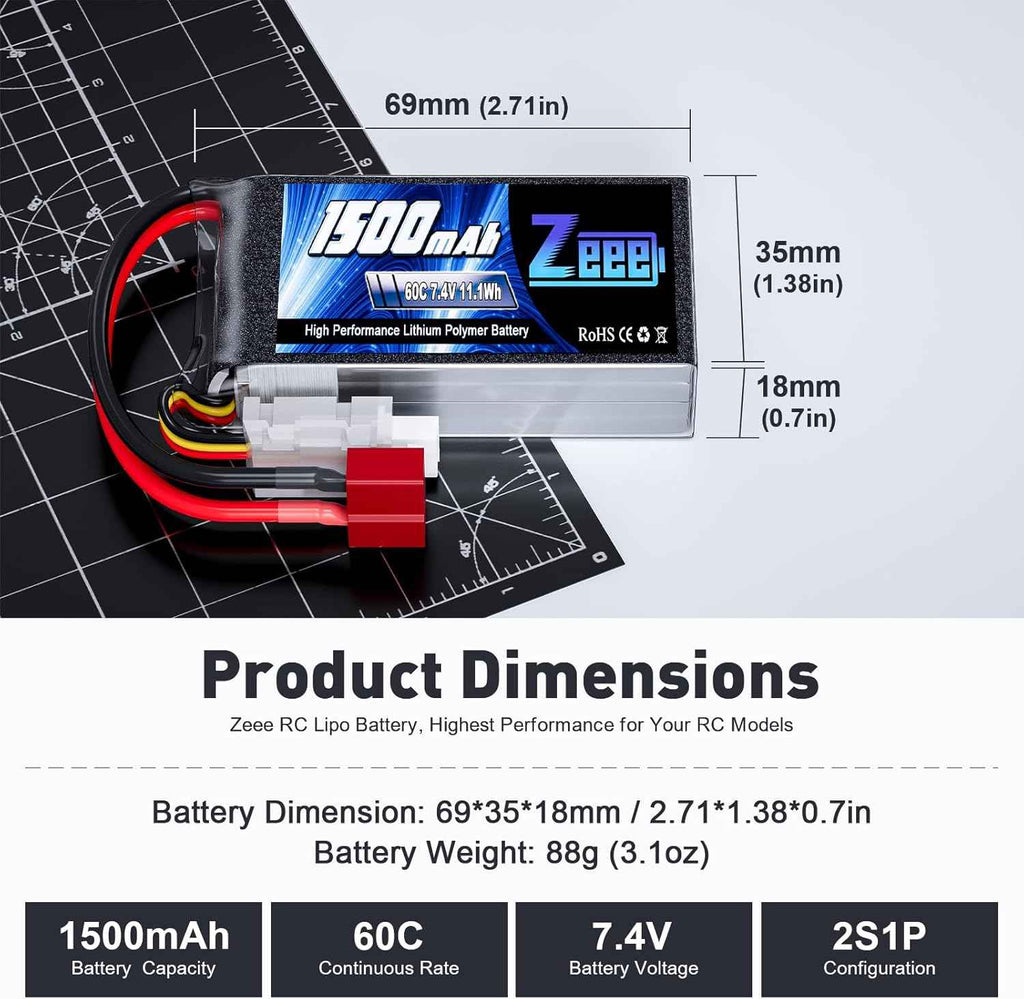 Zeee 2S 1500mAh Lipo Battery 7.4V 60C Soft Pack RC Battery with T Plug for FPV Drone Quadcopter Helicopter Airplane RC Boat RC Car RC Models(2 Pack)