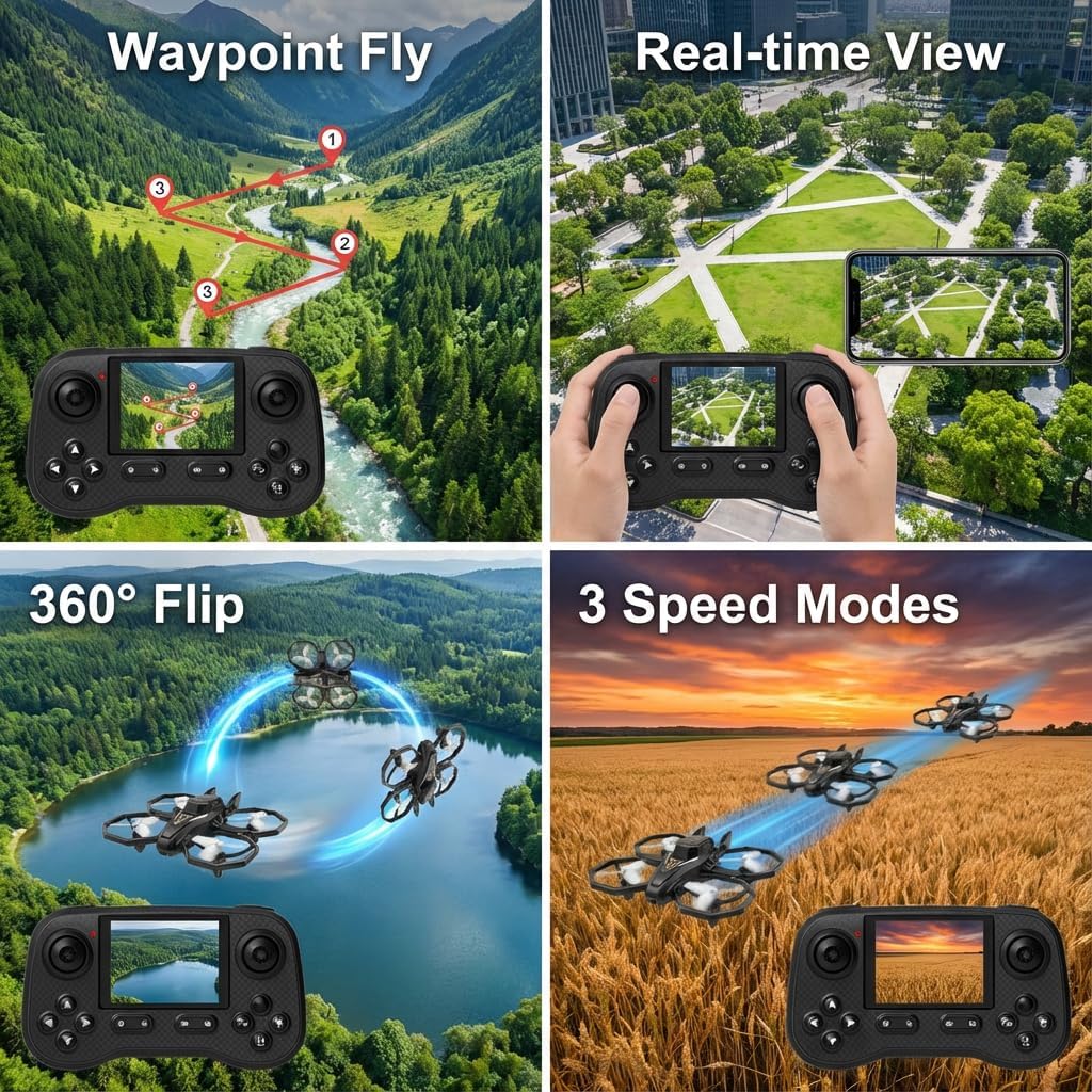 D79Pro FPV Drone with Screen Controller, Crossing drones, Altitude Hold, One Key Take Off/Landing, Active Obstacle Avoidance,360 Degree Flip, Two-batteries. (Black-2 batteries)