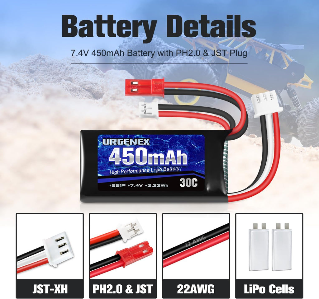 URGENEX 7.4V Lipo Battery 2S 30C 450mAh Rechargeable SCX24 RC Lipo with JST & PH2.0 Double Discharge Plug Fit for Axial Scx24 RC Car Truck and Most 1/10, 1/16, 1/18, 1/24 Scale RC Car Truck Drone