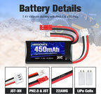 URGENEX 7.4V Lipo Battery 2S 30C 450mAh Rechargeable SCX24 RC Lipo with JST & PH2.0 Double Discharge Plug Fit for Axial Scx24 RC Car Truck and Most 1/10, 1/16, 1/18, 1/24 Scale RC Car Truck Drone