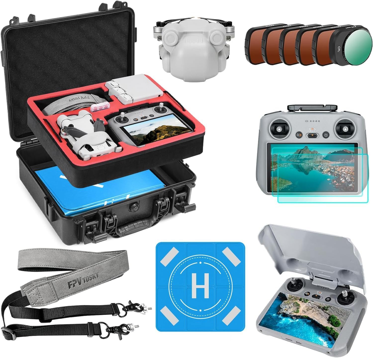 FPVtosky Mini 4 Pro Accessories Bundle 7-IN-1 Kit, Includes: Mini 4 Pro Case, ND Filters Set, Landing Pad, Lanyard, Lens Cap, Screen Protector, Sunshade for DJI Min 4 Pro Accessories