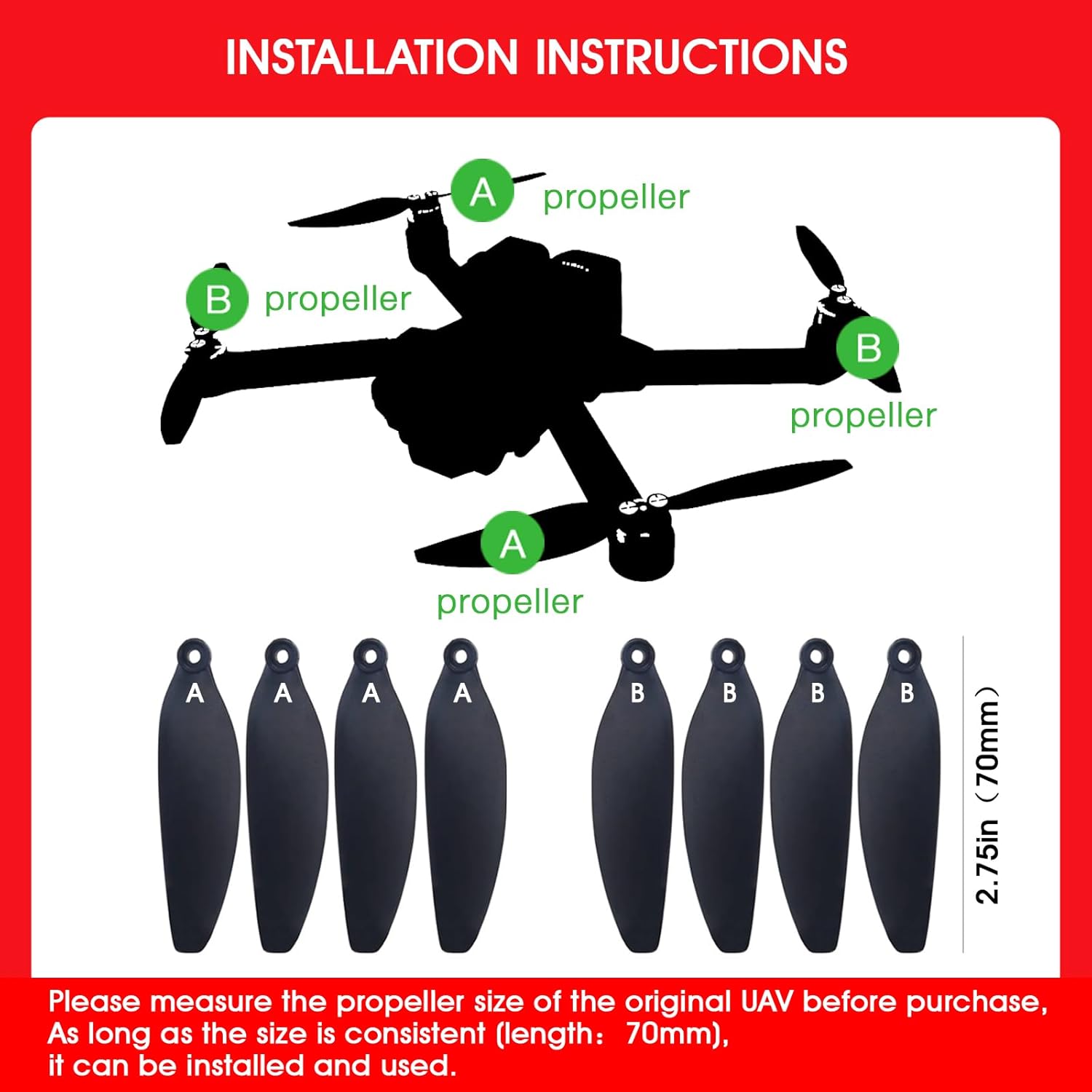 Universal 70mm/2.76In Drone Propellers for S159, S166, S167, S197, V168 Models - Replacement Drone Accessories with Stable and Low-Noise Operation, Easy Installation and Removal,16-Pack (Black)