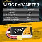 TATTU 3S 11.1V 1300mAh 45C LiPo Battery Pack with XT60 Plug for Eachine Wizard X220 QAV250 QAV180 210 Vortex 285 Mini H FLIP FPV 250S Emax Nighthawk 250 ZMR 250 HOVERSHIP MHQ2