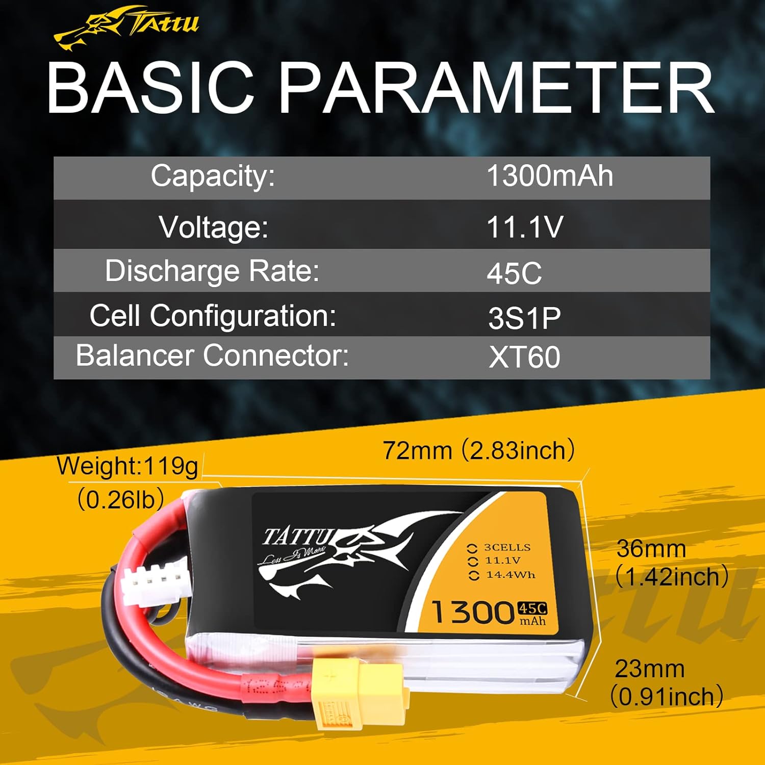 TATTU 3S 11.1V 1300mAh 45C LiPo Battery Pack with XT60 Plug for Eachine Wizard X220 QAV250 QAV180 210 Vortex 285 Mini H FLIP FPV 250S Emax Nighthawk 250 ZMR 250 HOVERSHIP MHQ2