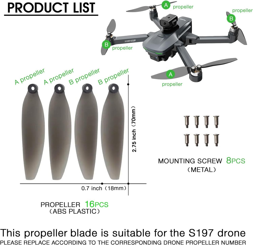 16PCS Foldable Drone Propellers Replace Parts for S197 Drone Spare Part, Replacement Low-Noise and Quick-Release Blades Props Wings Accessories