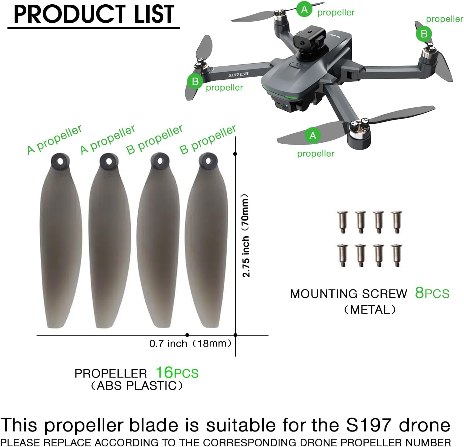 16PCS Foldable Drone Propellers Replace Parts for S197 Drone Spare Part, Replacement Low-Noise and Quick-Release Blades Props Wings Accessories