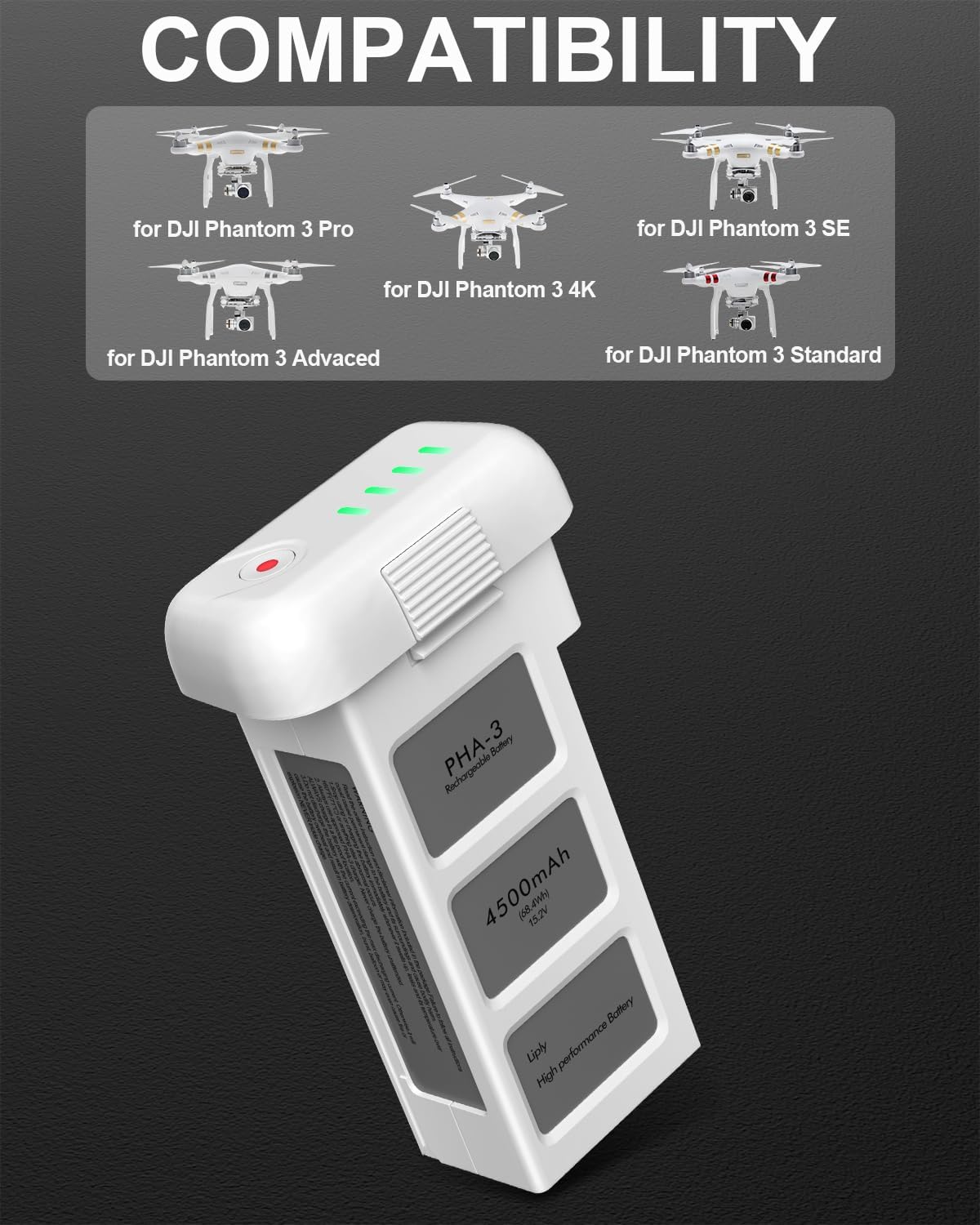 anegine Phantom 3 Battery, 4500mAh 15.2V Intelligent Flight Battery for DJI Phantom 3 Pro, Standard, Advanced, SE Drone
