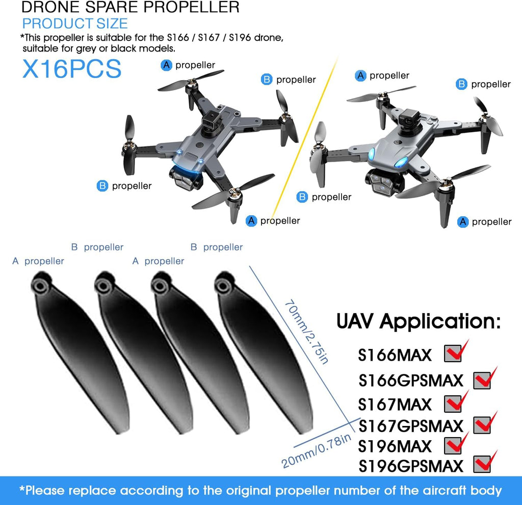 16PCS Universal 70mm/2.76In Foldable Propellers and Screws Replace Parts for S166/S166MAX/S167/S196 RC Quadcopter Blade Parts