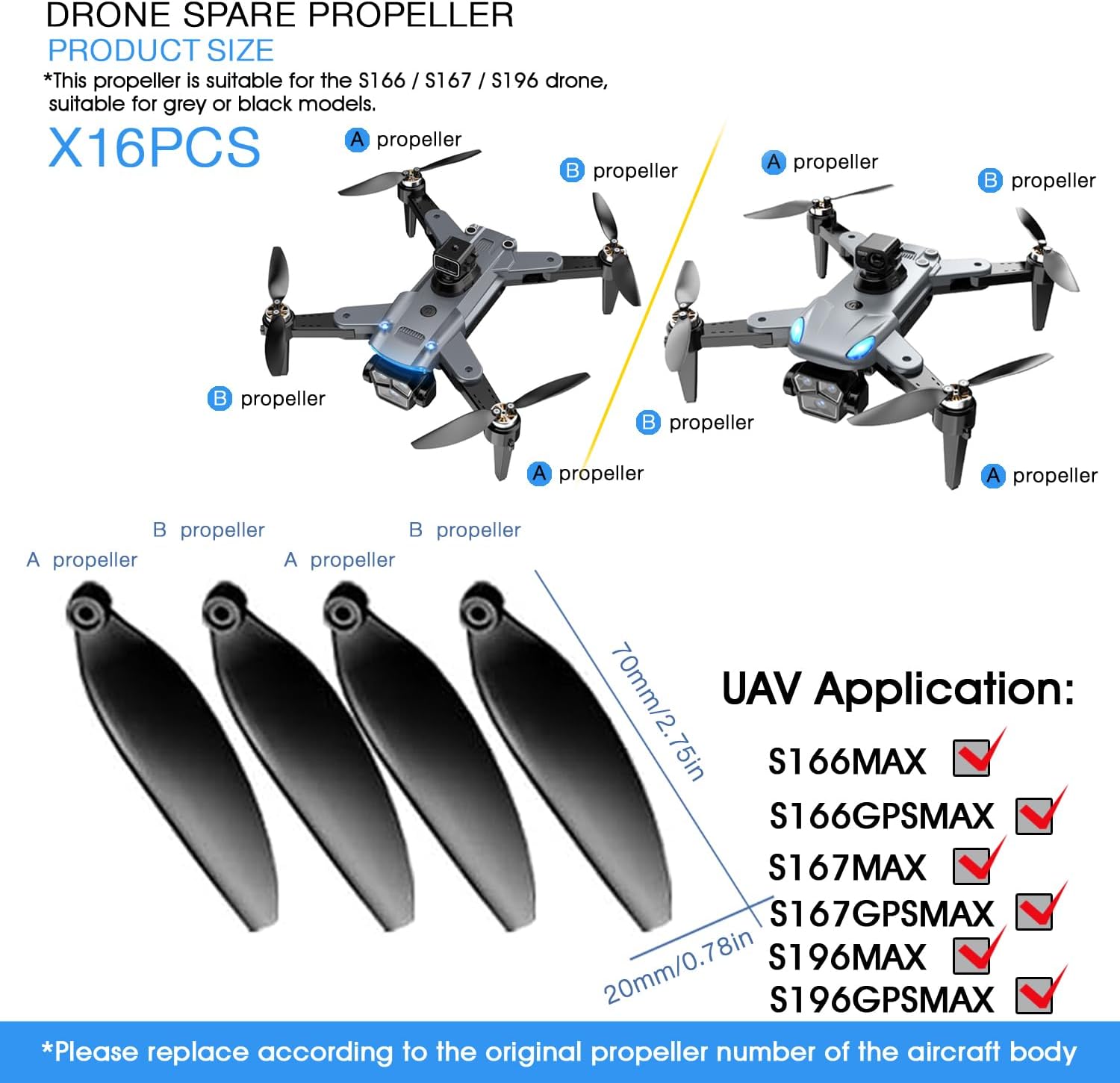 16PCS Universal 70mm/2.76In Foldable Propellers and Screws Replace Parts for S166/S166MAX/S167/S196 RC Quadcopter Blade Parts