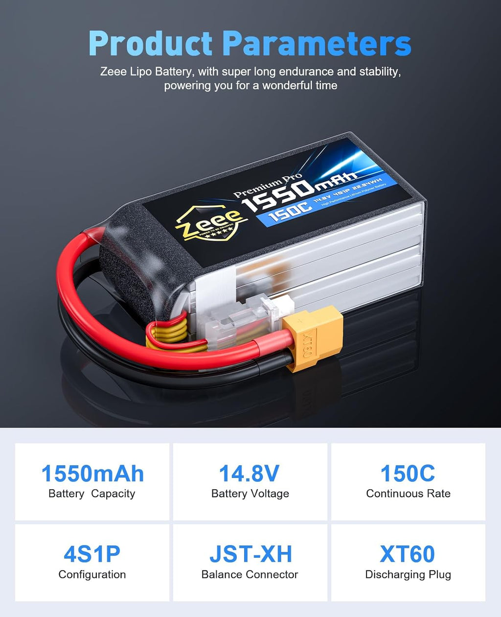 Zeee Premium Pro 1550mAh 4S Lipo Battery 14.8V 150C Ultra-Low IR Soft Pack RC Battery with XT60 Plug for FPV Drone Quadcopter Racing Helicopter Airplane RC Boat RC Car RC Models(2 Pack)
