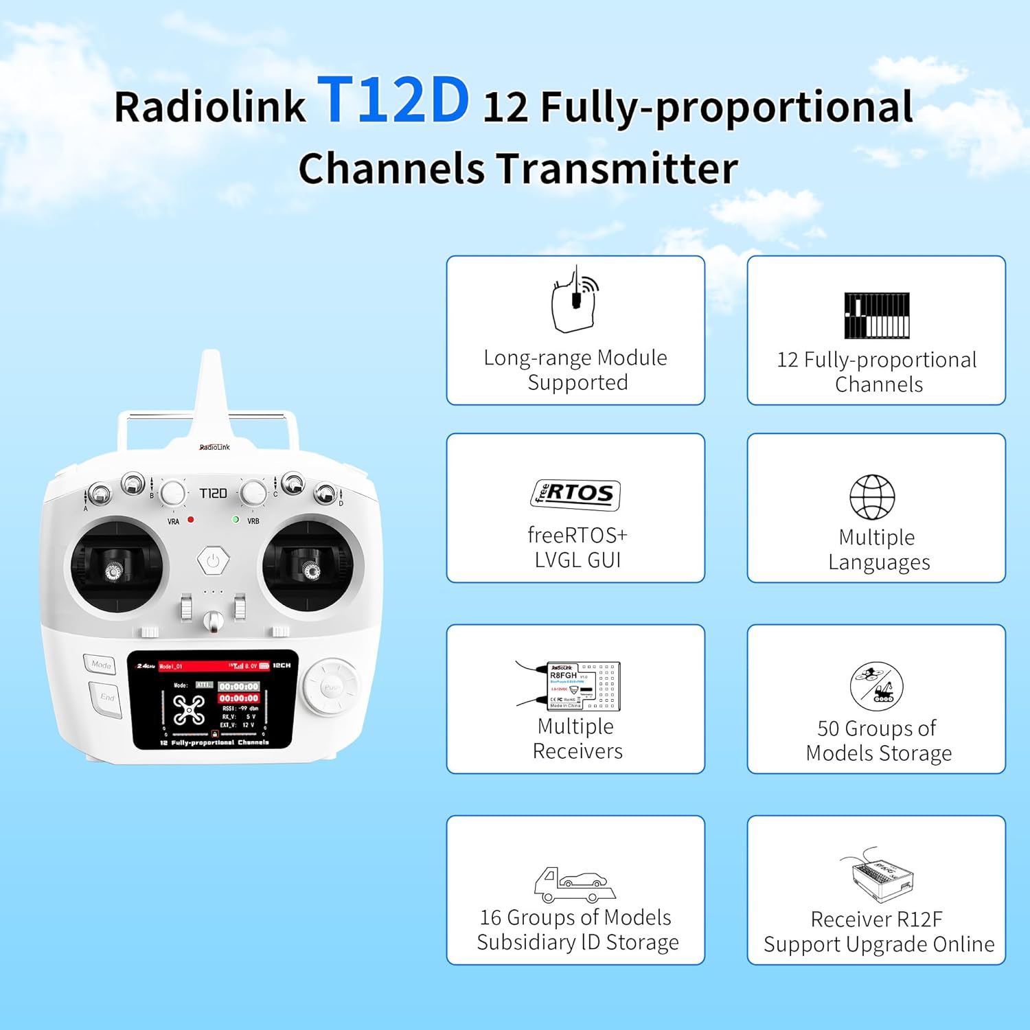 Radiolink T12D 12CH 2.4G RC Transmitter R12F Receiver, Supports ELRS/Crossfire Long Range Modules, 50 Models Storage, 4km Long Range RC Remote Controller for RC Airplane, Drone, Crawler, Car, Boats