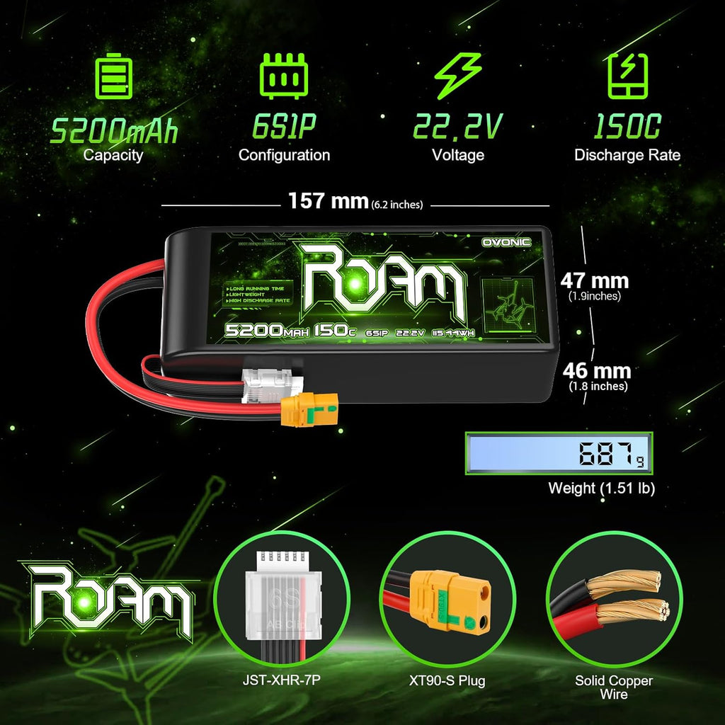 OVONIC Roam Series 6S Lipo Battery 5200mAh 6S1P 150C 22.2V Long Range Lipo Battery with XT90-S Anti Spark Plug for 7-10 inch Long Range Drone 6S HD Cinelifter Multirotor X-Class