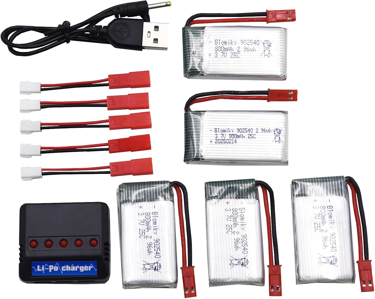 Blomiky 5 Pack 3.7V 800mAh 25C Rechargeable Li-po JST Plug Batteries and 4 in 1 Board Fit for MJX X300C X400W X600 X800 RC Quadcopter Drone / 3.7V 800mAh JST *5