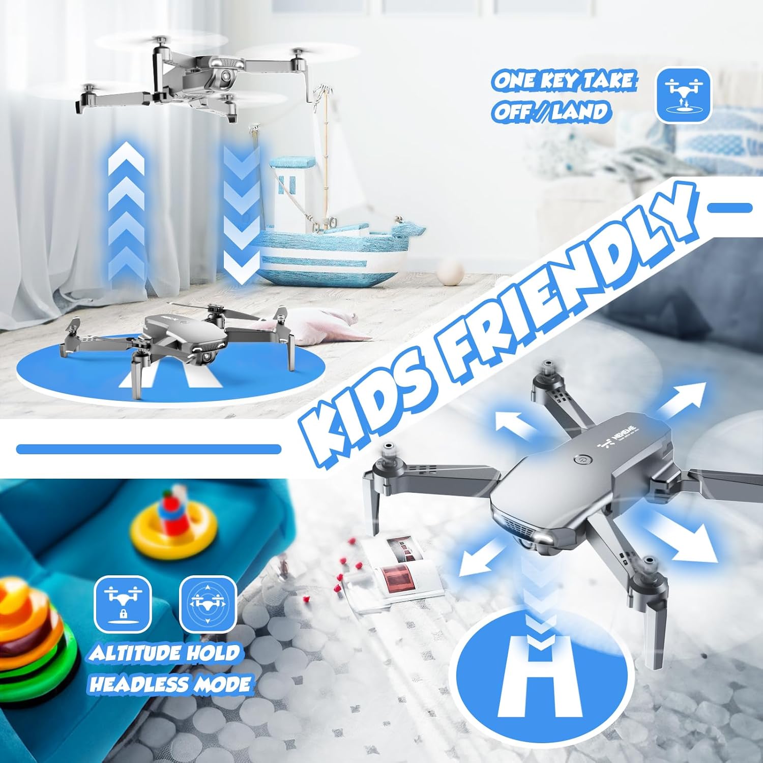 NEHEME Drones for Kids with Camera - Remote Control Helicopter Toys Gifts for Boys Girls, 1080P HD FPV RC Quadcopter for Adults, One Key Start/Land, Altitude Hold, Gravity Control, 2 Batteries, Grey