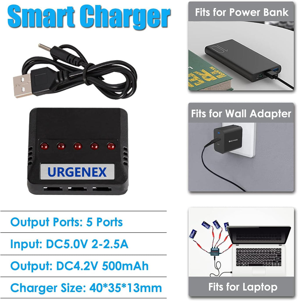 URGENEX 3.7V Lipo 850mah Rechargeable Lipo with JST Plug X5 Charger for MJX Syma Holy Stone Sky Viper RC Quadcopter Drone X56W X400 X400W X300C X400C X800 HS110 HS200 S670 V950hd S1750 V2450