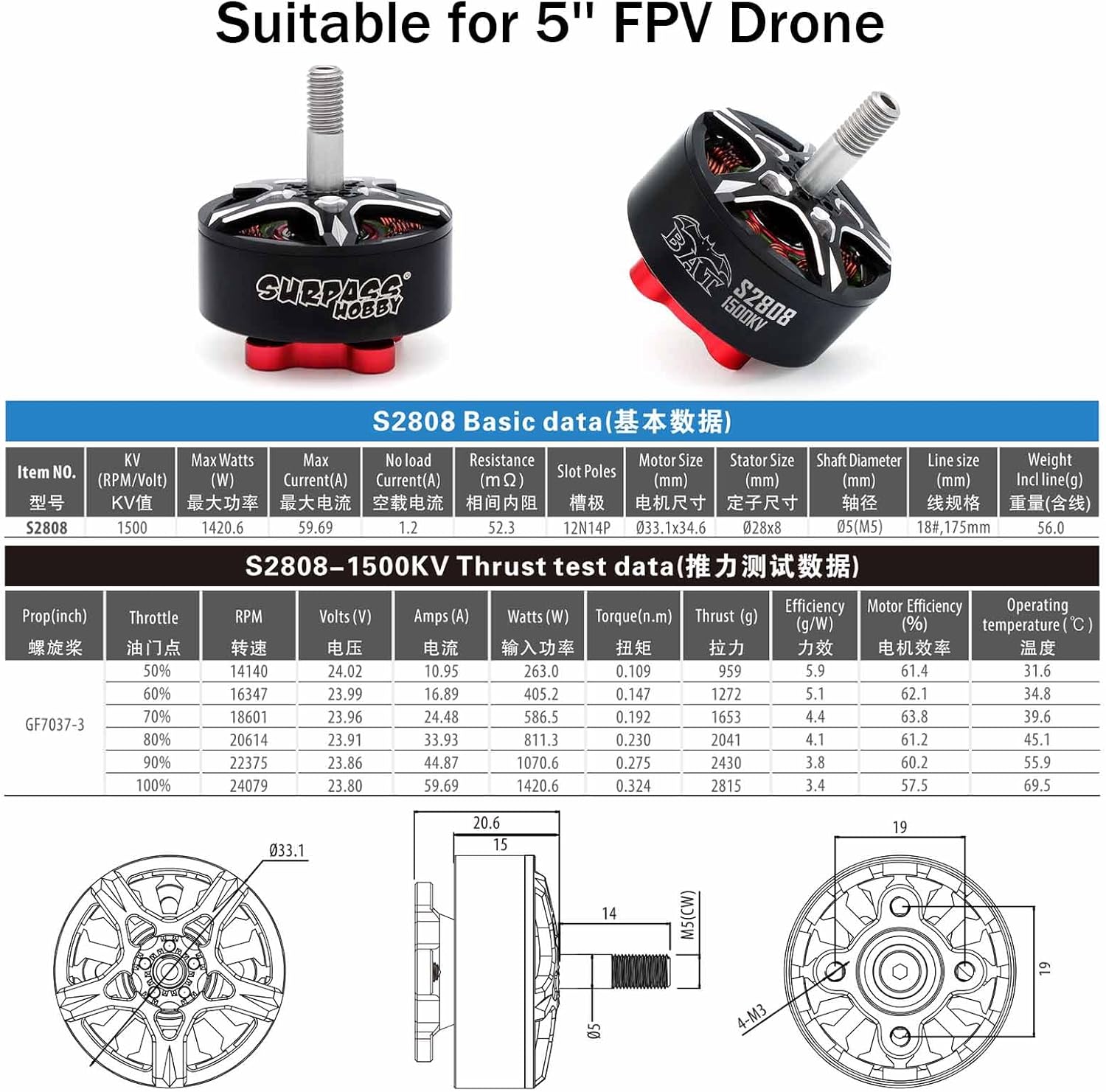 Surpass Hobby S2808 Brushless Motors 1500KV Drone Motor for 6-7inch FPV Racing Drone Quadcopter Fixed Wing(4pcs)