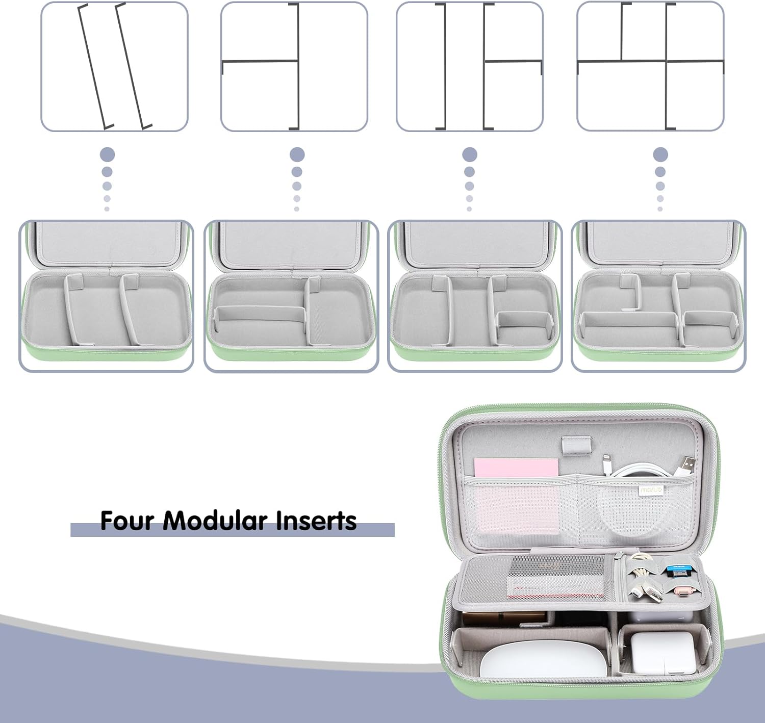 MOSISO Electronic Organizer Travel Case Compatible with MacBook Power Adapter, Compatible with Magic Mouse & Pencil, SD Card, USB Flash Disk with 4 Modular Insert & 2 Cable Tie & Snap Hook, Green