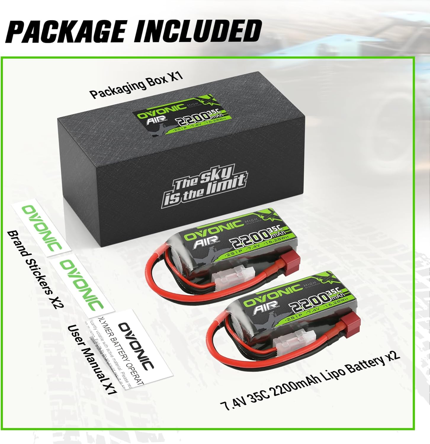 OVONIC 2S Lipo Battery 35C (Burst 70C) 2200mAh 7.4V Lipo Battery with Dean-Style T Connector for RC Airplane Helicopter Quadcopter FPV Racing Drone(2 Packs)