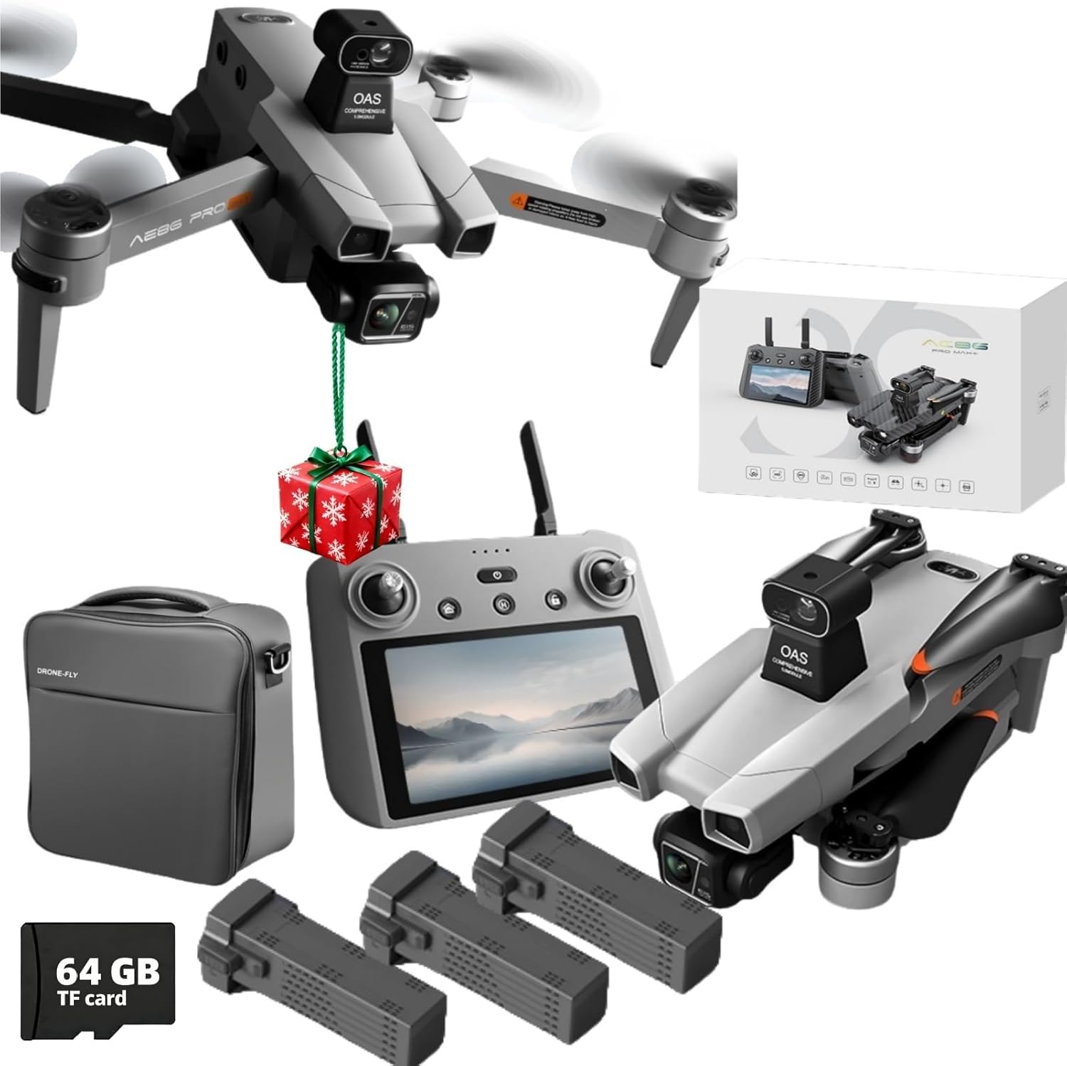 Camera Drone for Adults with 8K Photo & 4K UHD Video with 3-Axis Gimbal, 360¡ã Obstacle Avoidance, 500g One-Click Airdrop, 7.2-inch Touch Screen Controller (Tablet Function),GPS Auto Return (Grey) 3 Batteries + 64GB TF Card Bundle)