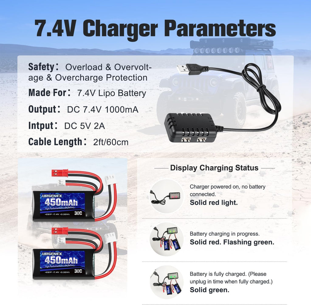URGENEX 7.4V Lipo 2S 30C 450mAh Rechargeable Lipo with JST & PH2.0 Plug SCX24 with 1to2 USB Charger Fit for Most 1/10, 1/16, 1/18, 1/24 Scale RC Car Truck and RC Drone Airplane