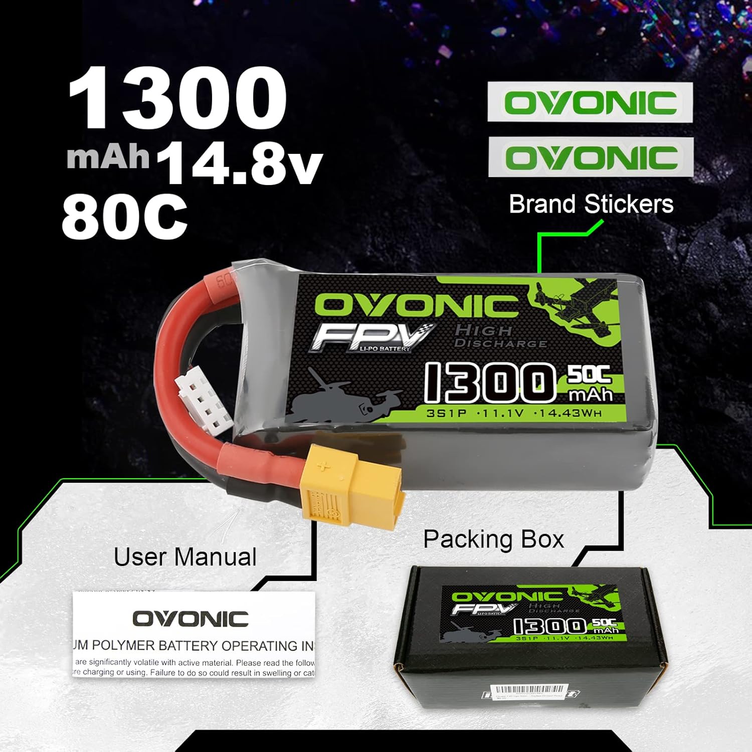 OVONIC 3S Lipo Battery 50C 1300mAh 11.1V Lipo Battery with XT60 Connector for RC FPV Racing Drone Quadcopter