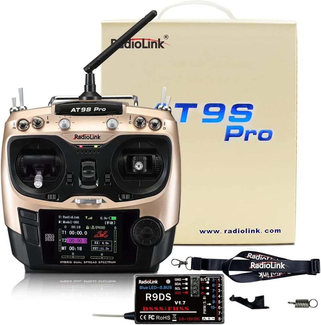 HTLNUZD Radiolink AT9S Pro 2.4G Radio Controller Transmitter 10/12 Channels DSSS & FHSS Communication with R9DS Receiver, for RC FPV Racing Drone Truck Car Boat (Golden-Radiolink AT9S Pro)