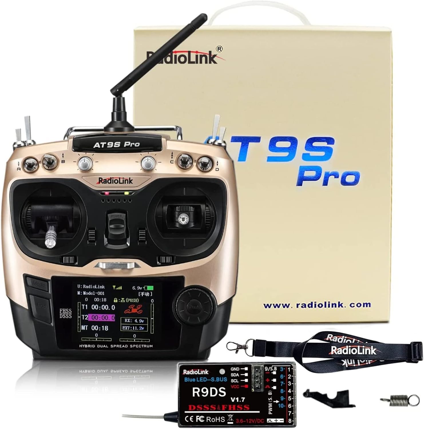 HTLNUZD Radiolink AT9S Pro 2.4G Radio Controller Transmitter 10/12 Channels DSSS & FHSS Communication with R9DS Receiver, for RC FPV Racing Drone Truck Car Boat (Golden-Radiolink AT9S Pro)