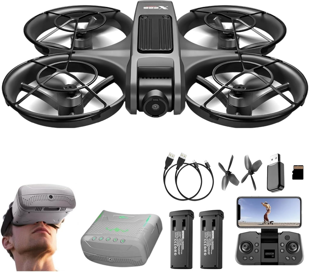 VR FPV Hobby Drone with VR Goggles, One Key Takeoff/Landing, APP Control, Brushless Motor, Dual Batteries, Beginner-Friendly Quadcopter with Propeller Guards, Altitude Hold, Optical Flow Positioning, Dual Cameras & LED Night Lights, a first-person view