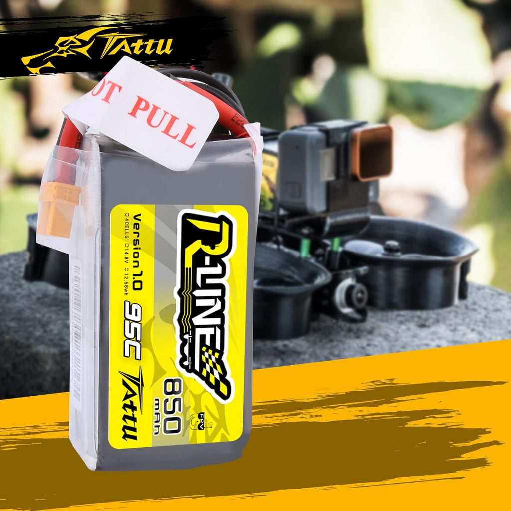TATTU R-Line 850mAh 14.8V 95C 4S LiPo Battery Pack with XT60 Plug for Multirotor FPV from Size 100 to 180