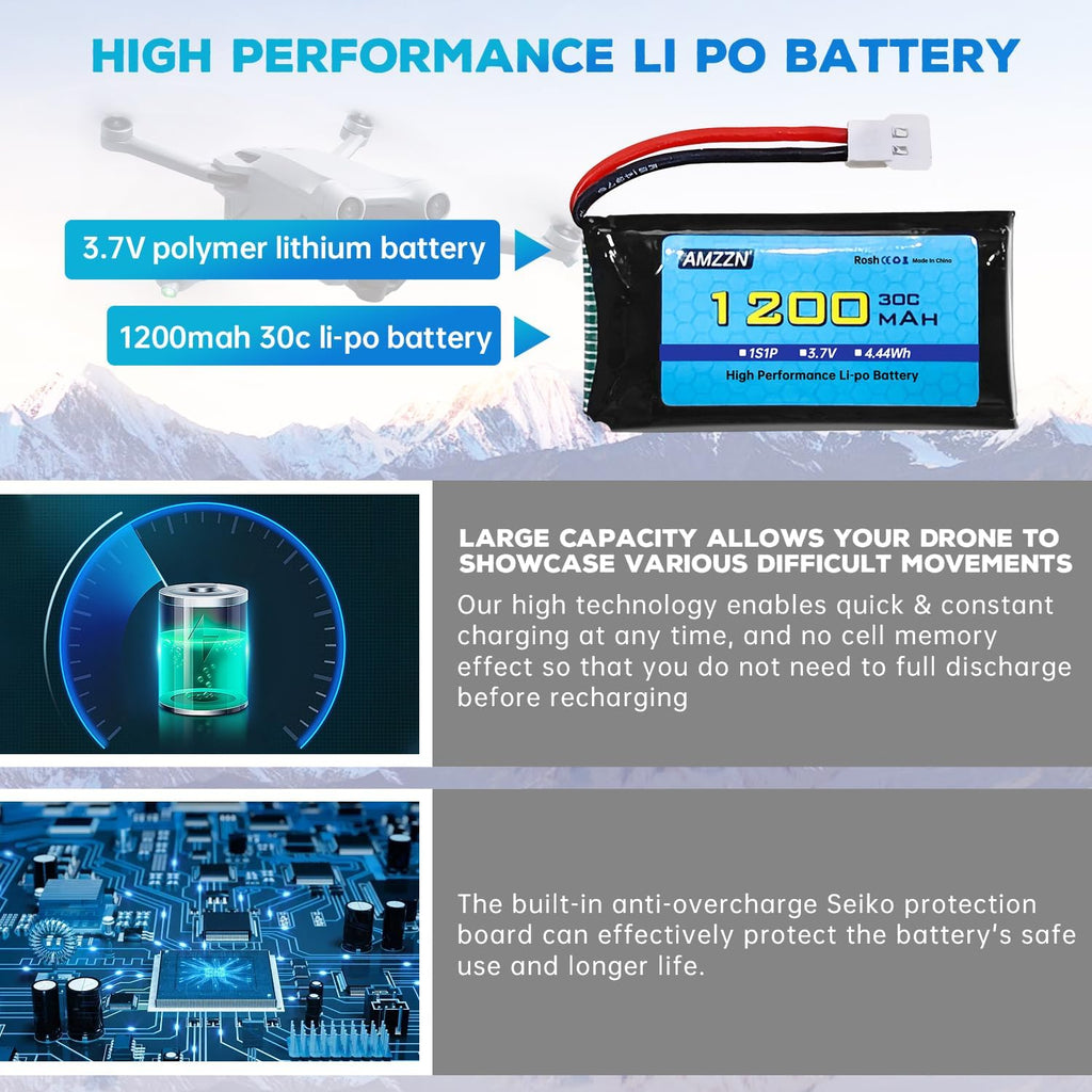 2PCS 3.7V 1200mAh 30C Lipo Battery with USB Charging Cable Molex Plug for SYMA X5SW X5SC X5SC-1 KY601S RC Drone Lithium Battery Accessories (2PCS Battery+2 USB)