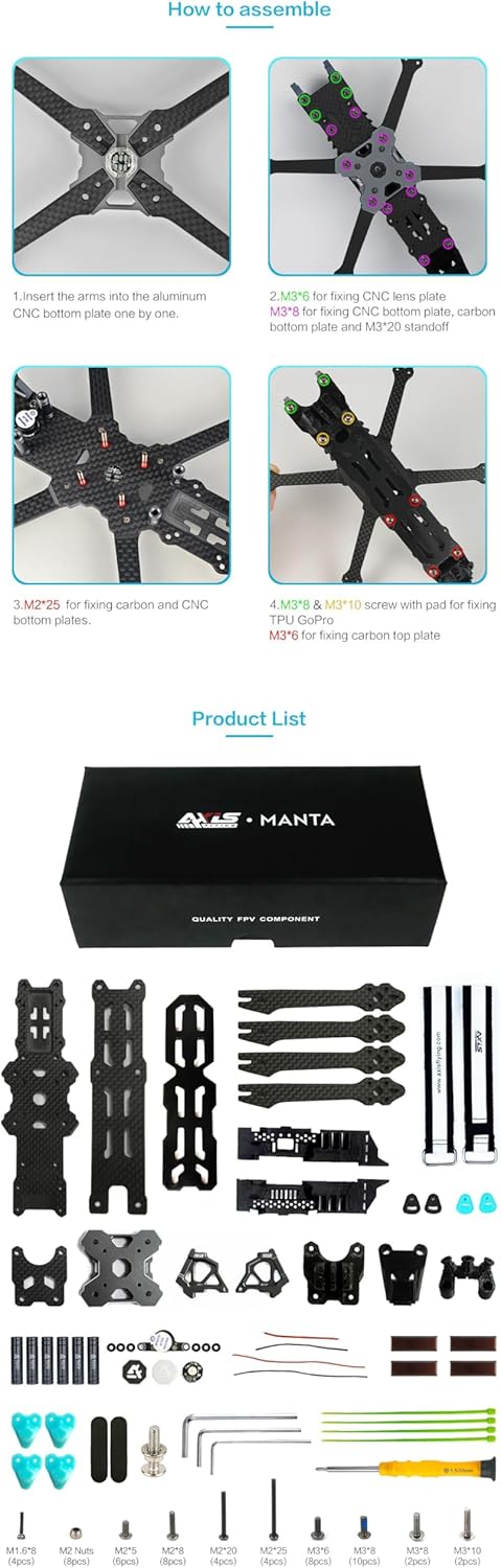 SPARKHOBBY Axisflying Manta 3.6inch Squashed-X Carbon Fiber Frame Kit Wheelbase 162mm Suitable for Gemfan-3630 Prop 3.6¡± Freestyle Drones (3.6 Manta KIT)