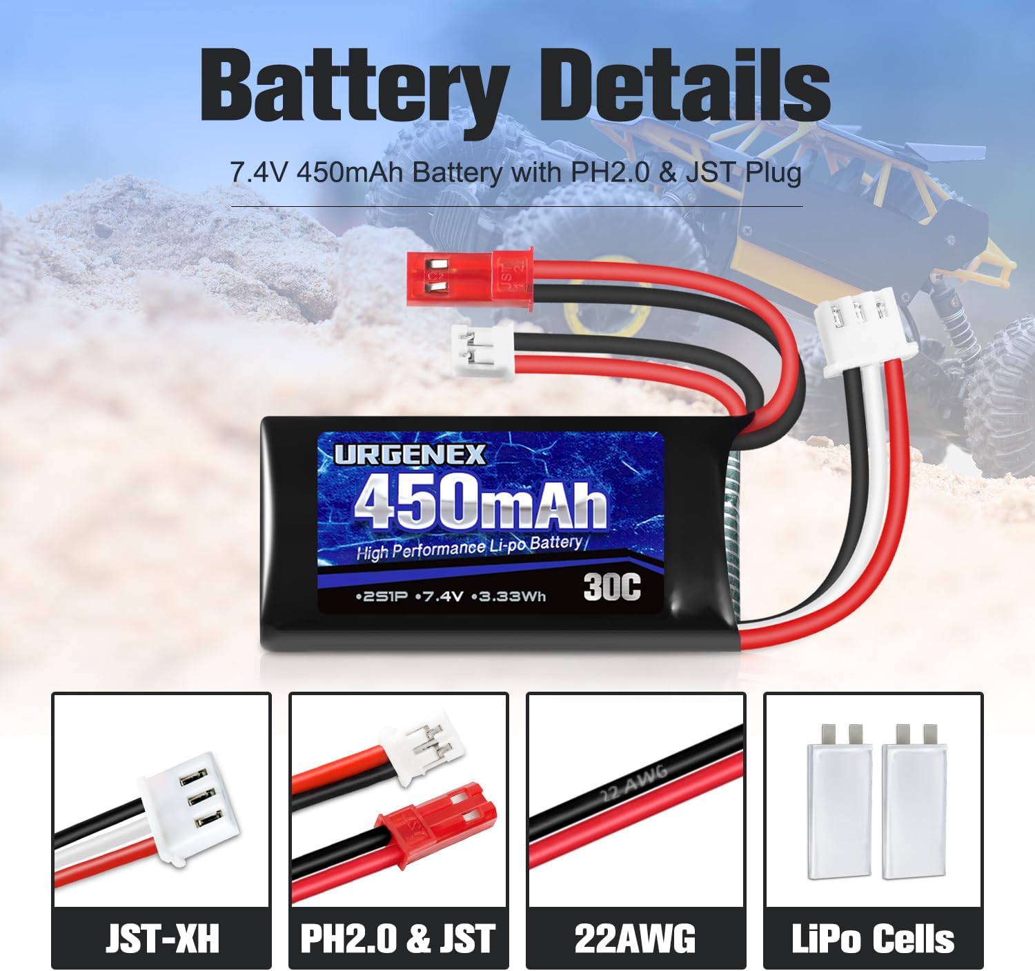 URGENEX 7.4V Lipo 2S 30C 450mAh Rechargeable Lipo with JST & PH2.0 Plug SCX24 with 1to2 USB Charger Fit for Most 1/10, 1/16, 1/18, 1/24 Scale RC Car Truck and RC Drone Airplane