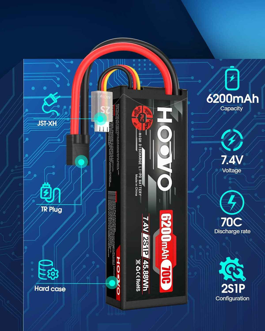 HOOVO 7.4V 70C 6200mAh 2S Lipo Battery Hard Case with Tracxas Plug for RC Car RC Helicopter RC Truck RC Truggy Airplane Quadcopter UAV Drone FPV (2 Packs