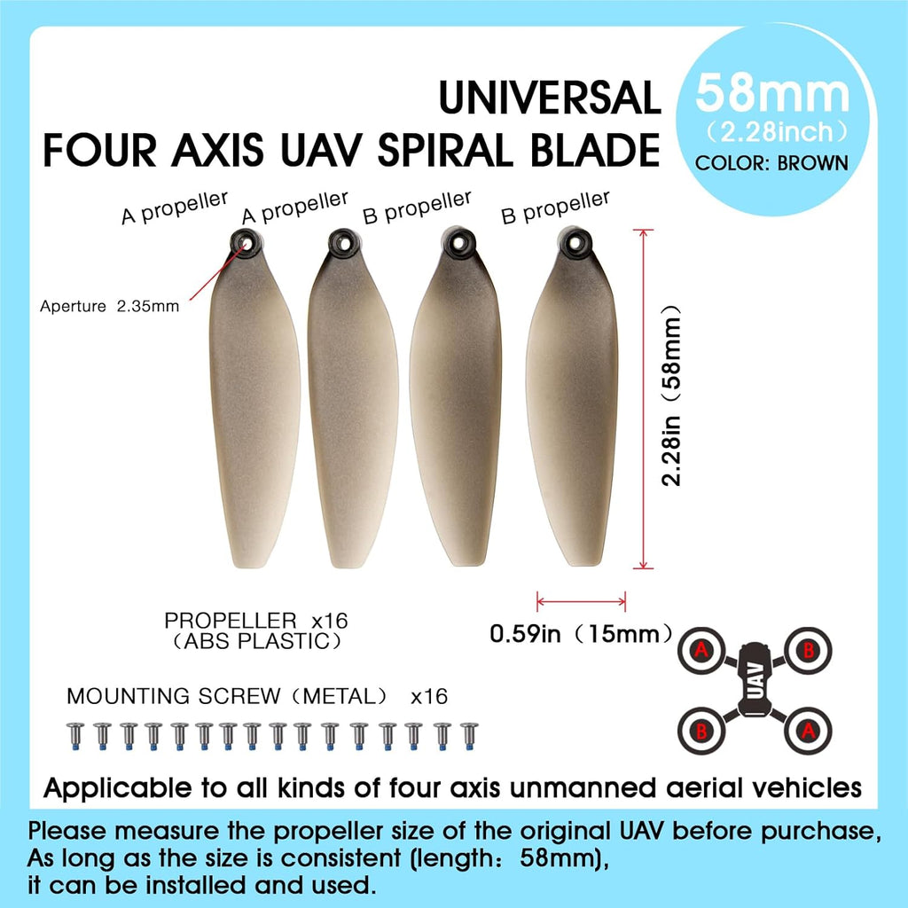 Universal 58mm/2.28In Drone Propellers for E88¡¢E25¡¢K911¡¢S115¡¢S119¡¢A17¡¢S132¡¢F167¡¢X28¡¢X26¡¢L106 Models - Replacement Drone Accessories with Stable and Low-Noise Operation 16-Pack (Gray)