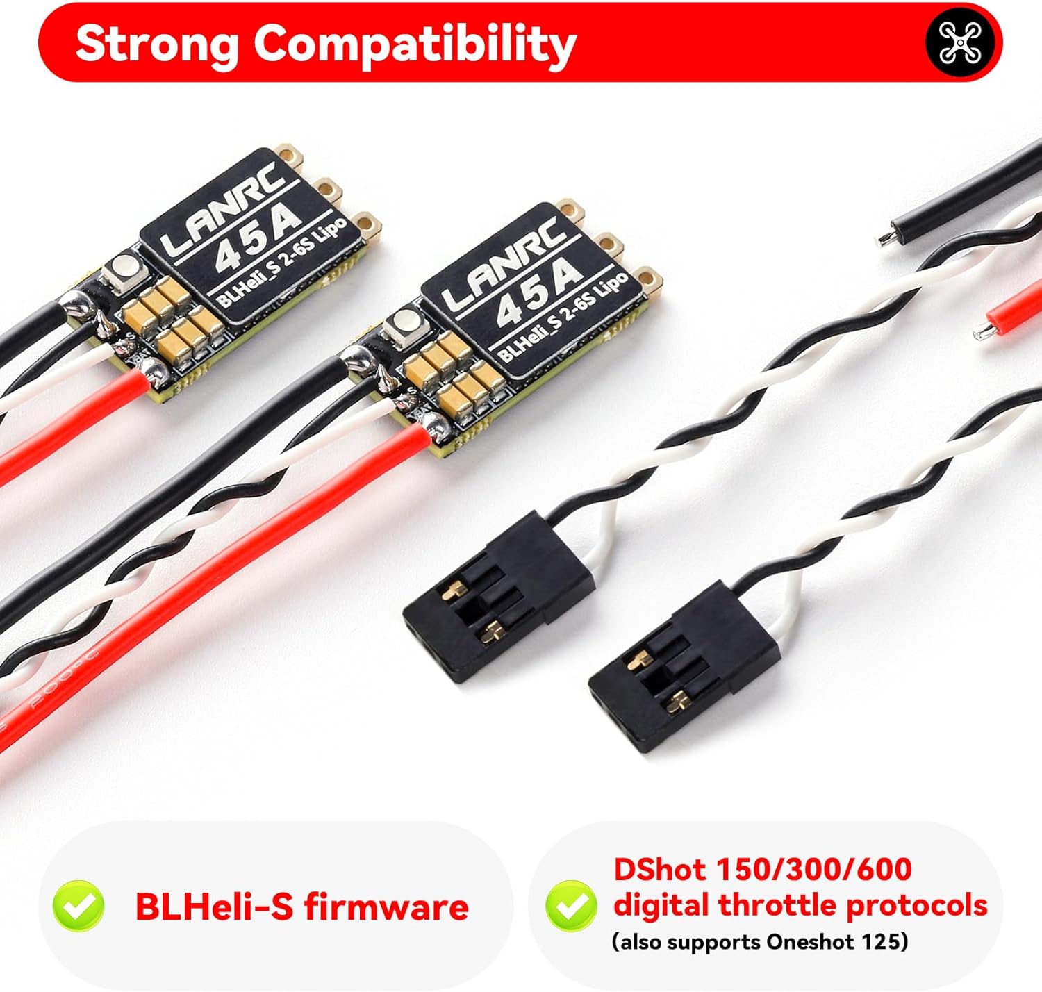 HNYYZL 4Pcs 45A ESC 2-6S Brushless ESC Lipo BLHeli_S Brushless Electronic Speed Controller 45A RGB LED Damped Light Support D-Shot 150/300/600 for RC FPV Quadcopter