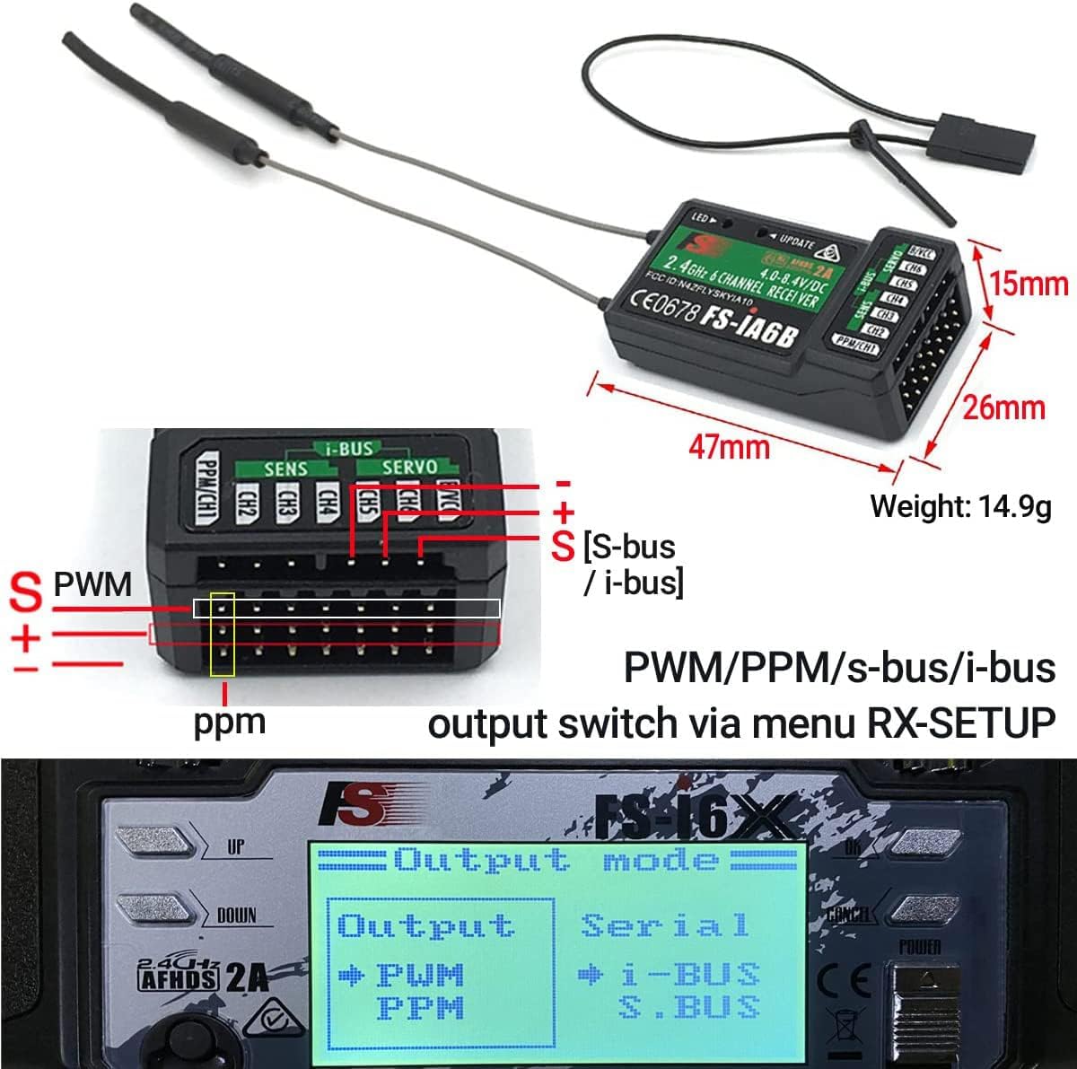 FS-i6X RC Transmitter and Receiver FS-iA6B iBus 10 Channel or PWM 6CH 2.4GHz Fly AFHDS2A Sky Radio Control System for FPV Drone Multirotor, Fixed-Wing, RC Car, RC Boat (Mode-2)