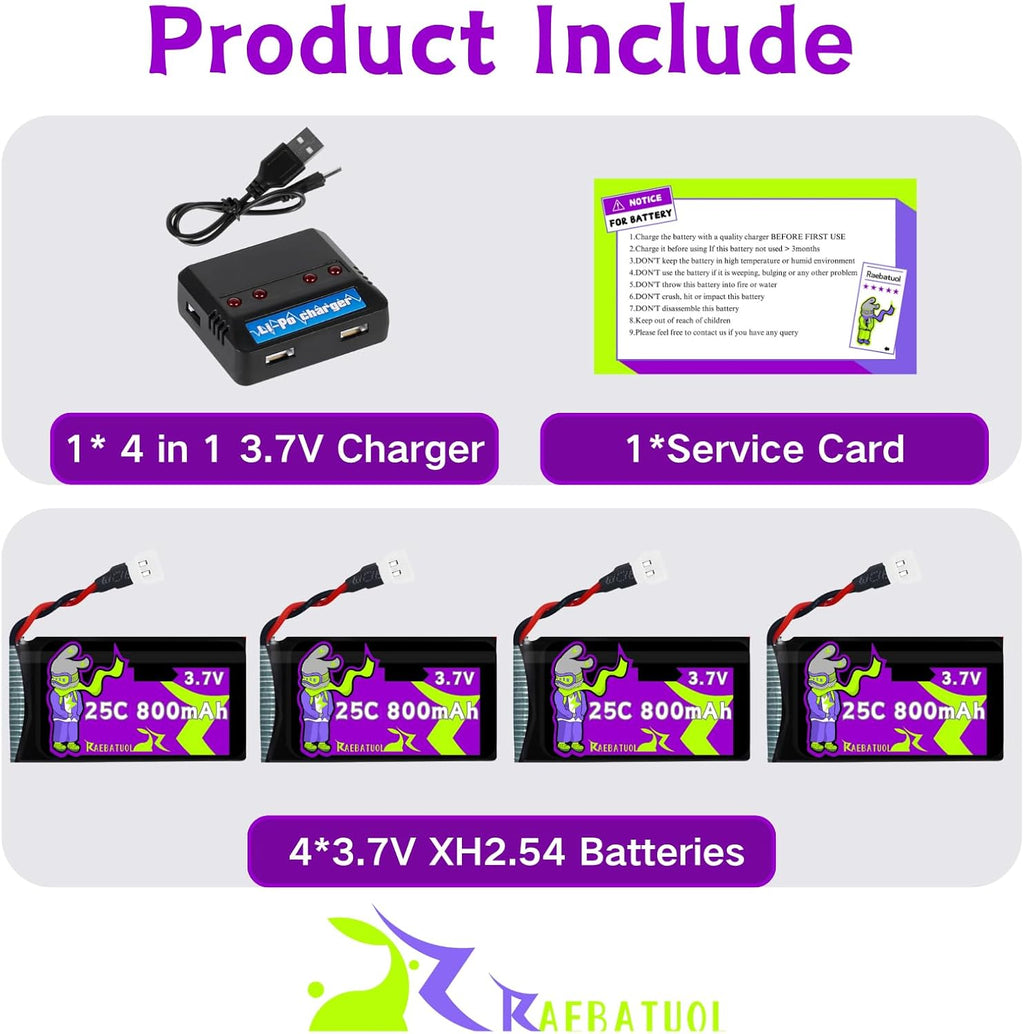 3.7V 800mAh 25C Molex/XH2.54 Plug 802540 Rechargeable LiPo Batteries,Fit for Q9S Drones Force1 UFO Syma X5 X5SW X5C X5C1 Hengqi 905 Cheerson CX-30 BEZGAR HQ053/HQ051 RC Quadcopter with 4 in 1 Charger