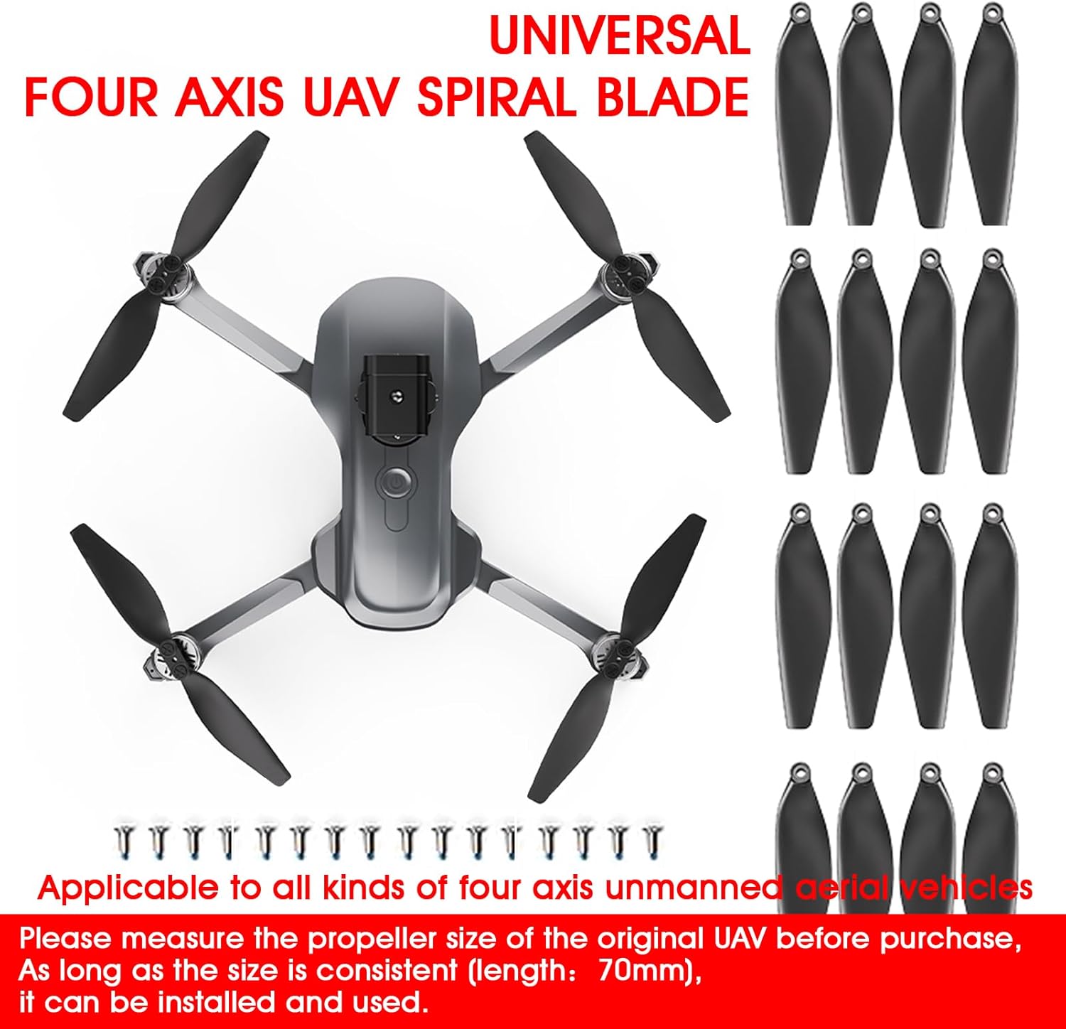 Universal 70mm/2.76In Drone Propellers for S159, S166, S167, S197, V168 Models - Replacement Drone Accessories with Stable and Low-Noise Operation, Easy Installation and Removal,16-Pack (Black)