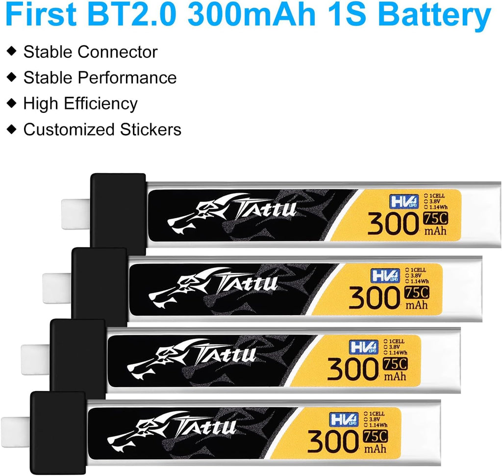 4pcs BT2.0 300mAh 1S Battery 3.8V 75C FPV Lipo Battery with BT2.0 Plug Connector for FPV Tiny Whoop 1S Brushless Whoop Drone