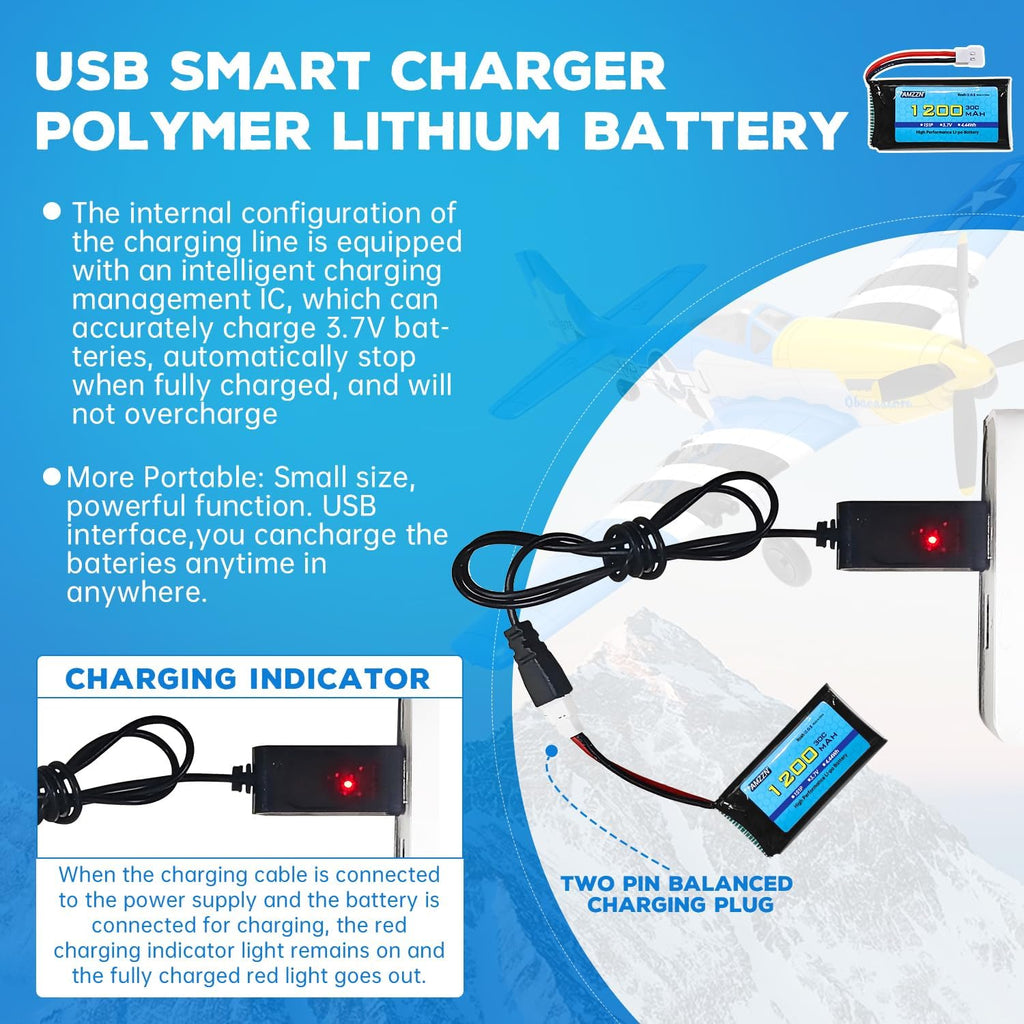 2PCS 3.7V 1200mAh 30C Lipo Battery with USB Charging Cable Molex Plug for SYMA X5SW X5SC X5SC-1 KY601S RC Drone Lithium Battery Accessories (2PCS Battery+2 USB)