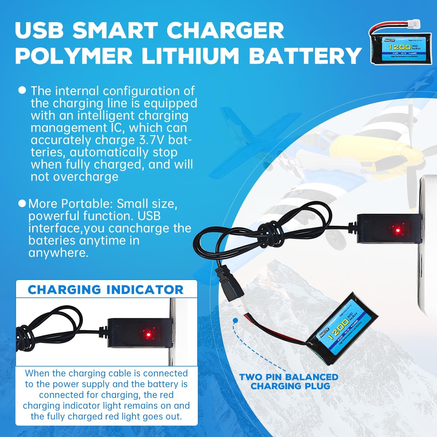 2PCS 3.7V 1200mAh 30C Lipo Battery with USB Charging Cable Molex Plug for SYMA X5SW X5SC X5SC-1 KY601S RC Drone Lithium Battery Accessories (2PCS Battery+2 USB)