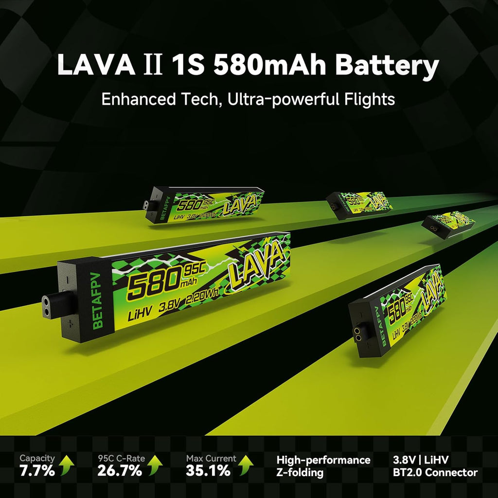 BETAFPV 4pcs Lava II 1S 580mAh Battery 3.8V 95C LiHV Battery with BT2.0 Connector Compatible with 1-2S Tiny Whoop Drone Quadcopter Like Air75, Meteor75 Pro, Cetus Pro, Cetus X Brushless Drones