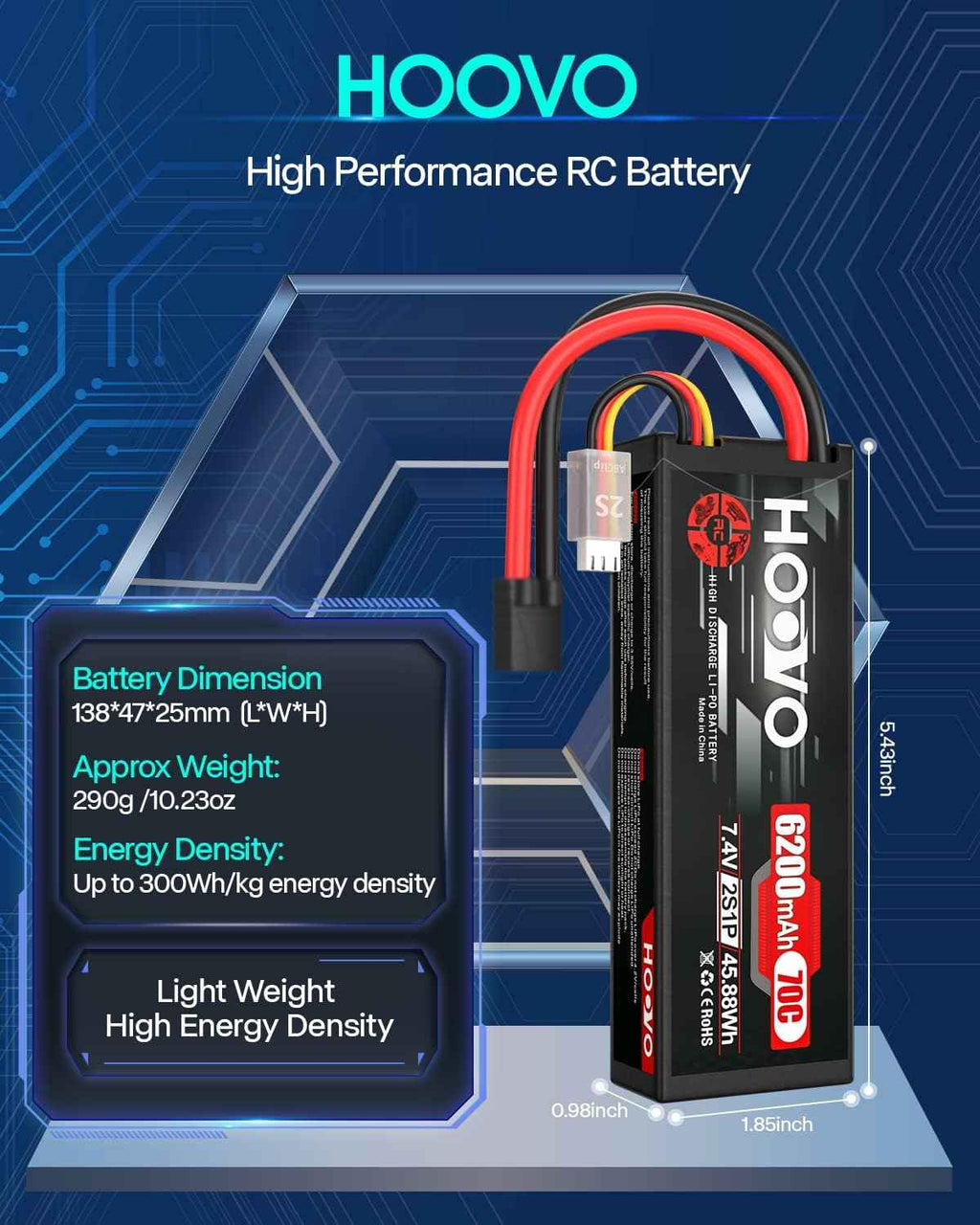 HOOVO 7.4V 70C 6200mAh 2S Lipo Battery Hard Case with Tracxas Plug for RC Car RC Helicopter RC Truck RC Truggy Airplane Quadcopter UAV Drone FPV (2 Packs