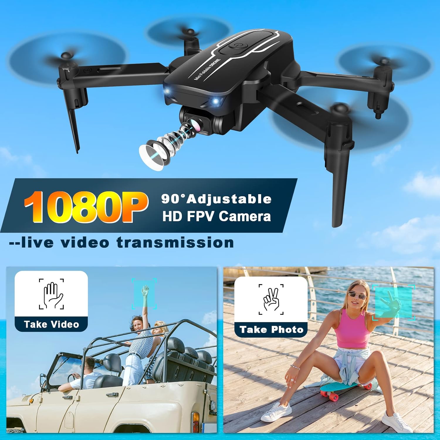 Mini Drone with Camera for Adults Kids - 1080P HD FPV Camera Drones with 90¡ã Adjustable Lens, Gestures Selfie, One Key Start, 360¡ã Flips, Toys Gifts RC Quadcopter for Boys Girls with 2 Batteries